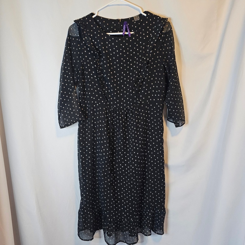 Seraphine Star Print Dress Womens Size 4 Black Celestial Whimsical Ruffle